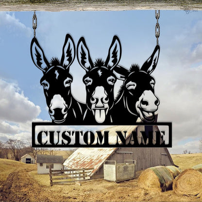 Funny Donkey Sign, Custom Donkey Name Sign, 3 Donkeys Hanging Metal Sign, Farm Animal Gift, Barnyard animal art, Name sign donkey, Farm sign