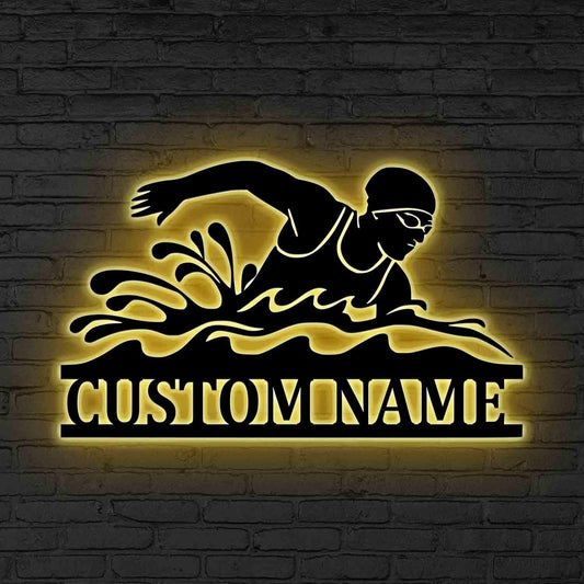 Custom Swimmer LED Metal Sign, Personalized Swimming Wall Light, Gift for daughter,Swimmer Gift, Swimming Athlete Room Decor,Swim lover gift
