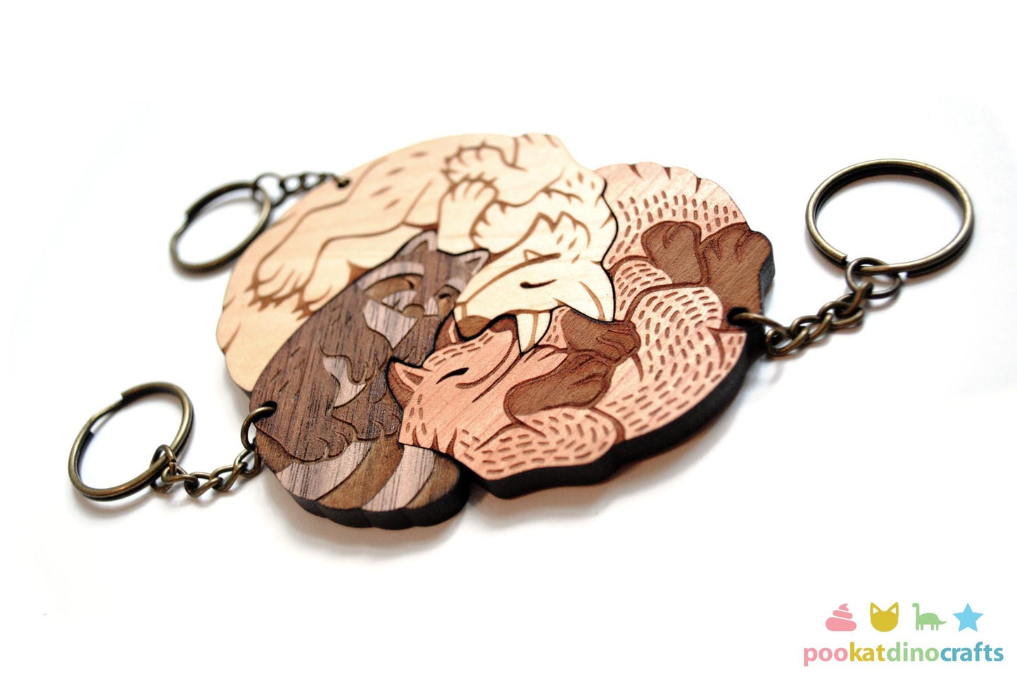 Interlocking Wood Forest Animal Keychains - Wolf, Raccoon, Fox Trio