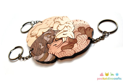 Interlocking Wood Forest Animal Keychains - Wolf, Raccoon, Fox Trio