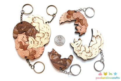 Interlocking Wood Forest Animal Keychains - Wolf, Raccoon, Fox Trio