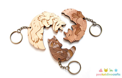 Interlocking Wood Forest Animal Keychains - Wolf, Raccoon, Fox Trio