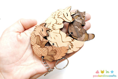 Interlocking Wood Forest Animal Keychains - Wolf, Raccoon, Fox Trio