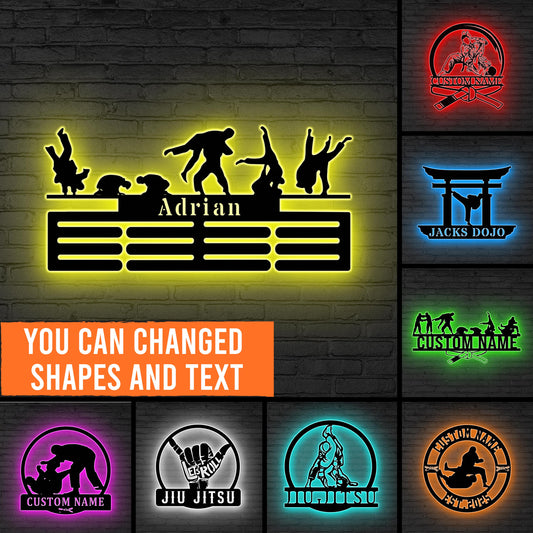 Custom Jiu Jitsu Medal Led Light,Sign for Martial Athletes, Gift for dad, Personalized BJJ Medal Holder, Jiu jitsu gift, Karate Fighter Sign