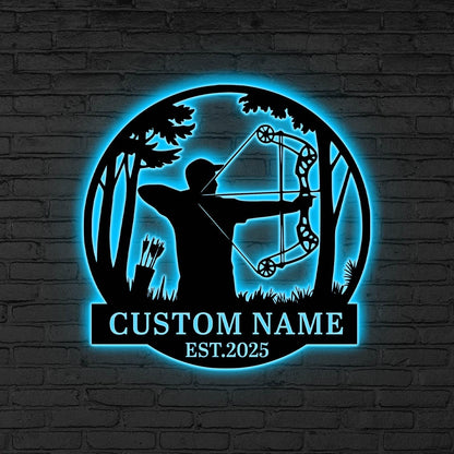 Custom Bow Hunter LED Sign, Personalized Archery Wall Light, Bow Hunter Metal Wall, Hunter LED Sign, Gift for hunter, Archery room decor
