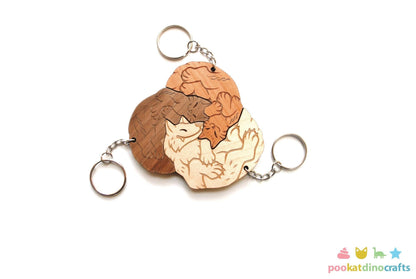 Interlocking Wolf and Cat Trio Keychains - Family, Friendship, Poly Relationship couple keychain set