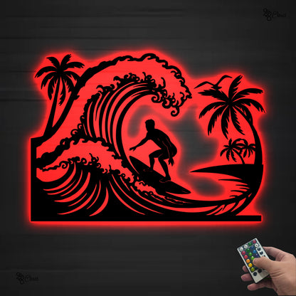 Surfing LED Metal Sign, Surfer Riding Wave Wall Light, Beach Ocean Art, Coastal Beach House Sign, Ocean lover gift, Gift for dad, Beach sign
