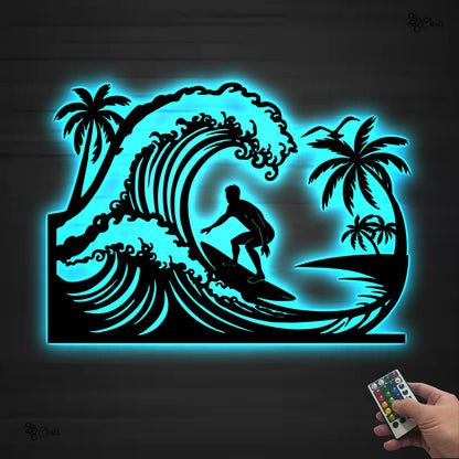 Surfing LED Metal Sign, Surfer Riding Wave Wall Light, Beach Ocean Art, Coastal Beach House Sign, Ocean lover gift, Gift for dad, Beach sign