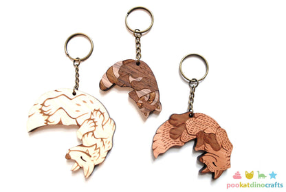Interlocking Wood Forest Animal Keychains - Wolf, Raccoon, Fox Trio