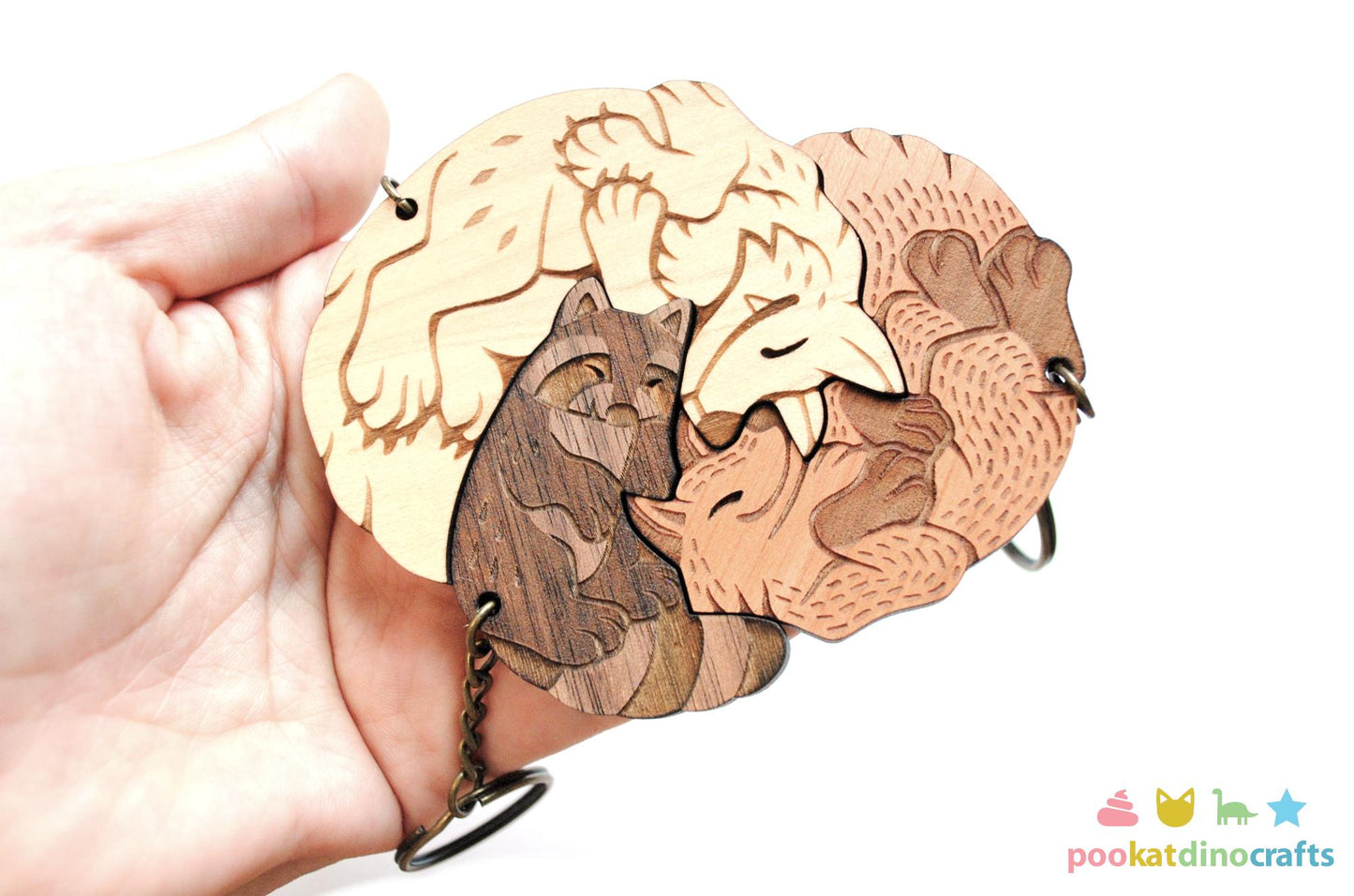 Interlocking Wood Forest Animal Keychains - Wolf, Raccoon, Fox Trio