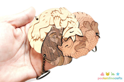 Interlocking Wood Forest Animal Keychains - Wolf, Raccoon, Fox Trio