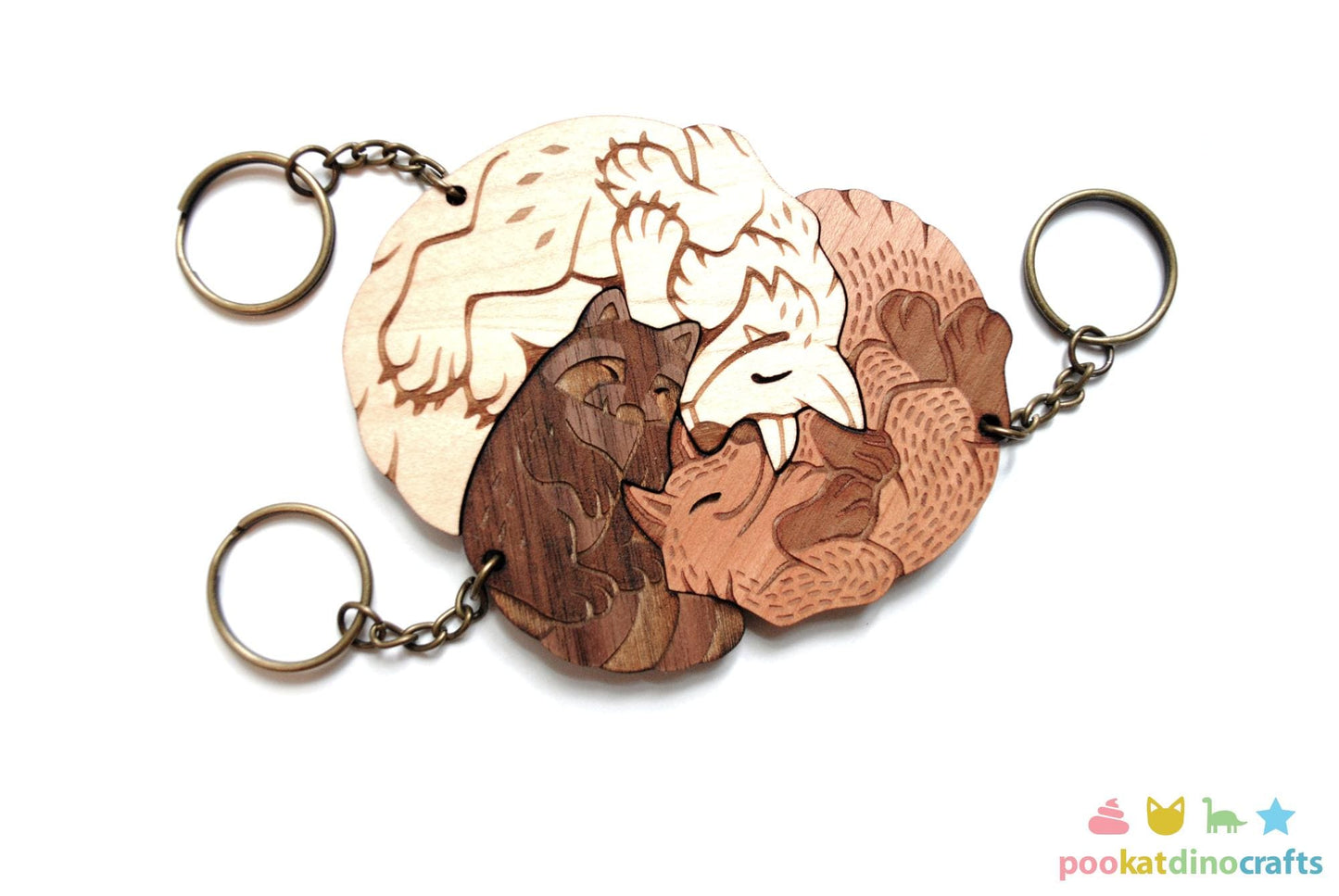 Interlocking Wood Forest Animal Keychains - Wolf, Raccoon, Fox Trio