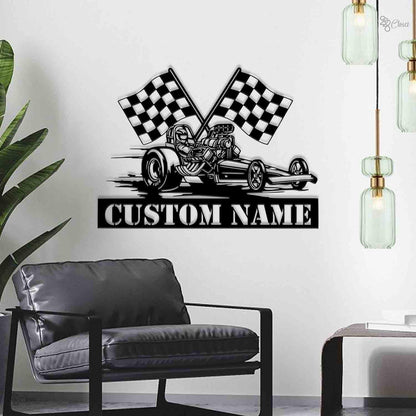 Custom Drag Racing LED Sign, Personalized Race Car Neon Wall, Gift for dad, Dragster Car Custom Name, Sign with Checkered Flag, Dad Gift