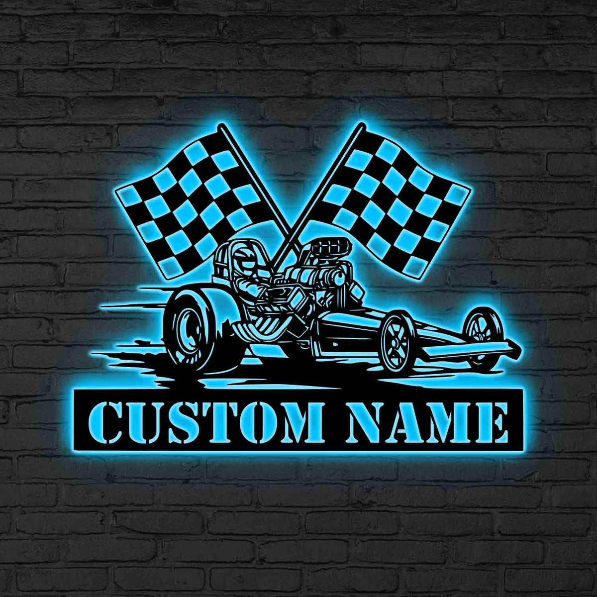 Custom Drag Racing LED Sign, Personalized Race Car Neon Wall, Gift for dad, Dragster Car Custom Name, Sign with Checkered Flag, Dad Gift