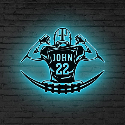 Custom US Football Metal Wall Art LED Light, Personalized Football Player Name Sign Home Decor Kid Boy Nursery Decoration Christmas Birthday