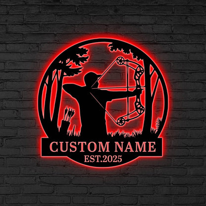 Custom Bow Hunter LED Sign, Personalized Archery Wall Light, Bow Hunter Metal Wall, Hunter LED Sign, Gift for hunter, Archery room decor