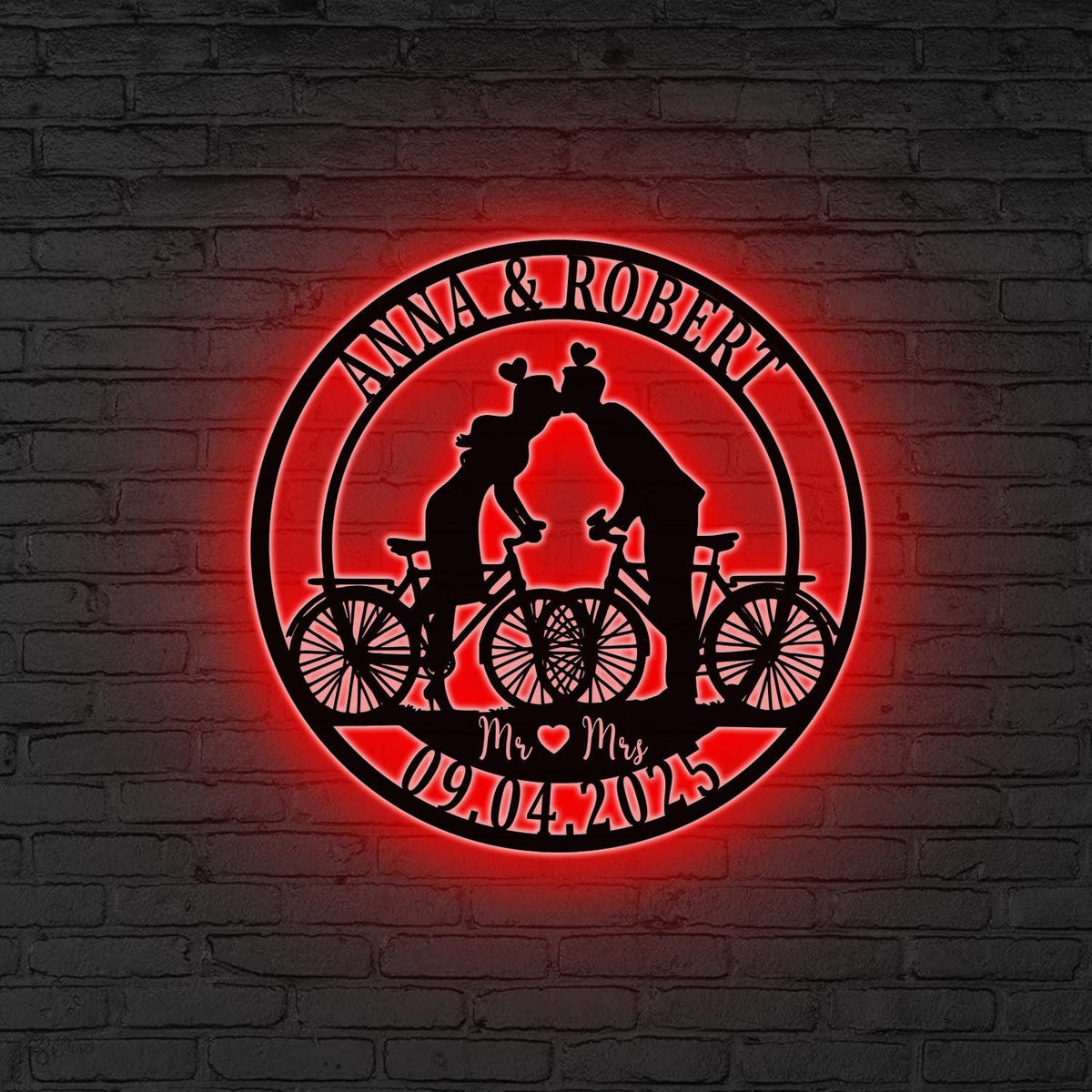 Personalized Couple Cyclists Metal Sign LED Lights, Metal Cyclists Gift, Anniversary Gift, Bicycle Lovers Gift, Wedding Gift, Biker gifts