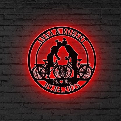 Personalized Couple Cyclists Metal Sign LED Lights, Metal Cyclists Gift, Anniversary Gift, Bicycle Lovers Gift, Wedding Gift, Biker gifts