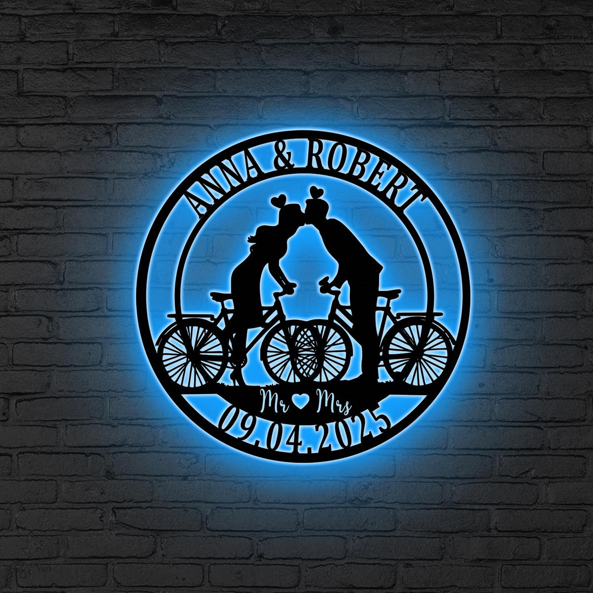 Personalized Couple Cyclists Metal Sign LED Lights, Metal Cyclists Gift, Anniversary Gift, Bicycle Lovers Gift, Wedding Gift, Biker gifts