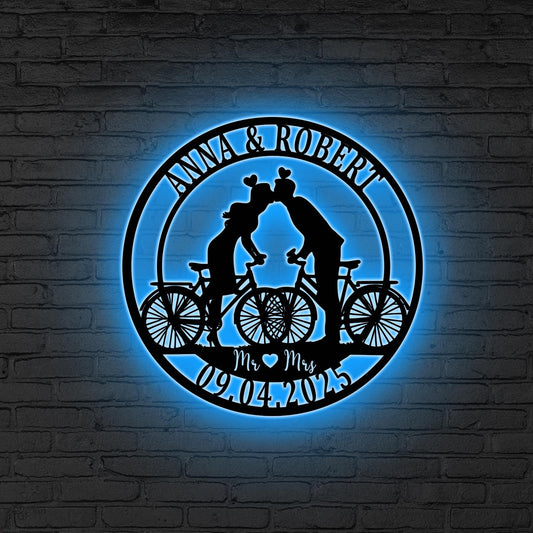 Personalized Couple Cyclists Metal Sign LED Lights, Metal Cyclists Gift, Anniversary Gift, Bicycle Lovers Gift, Wedding Gift, Biker gifts