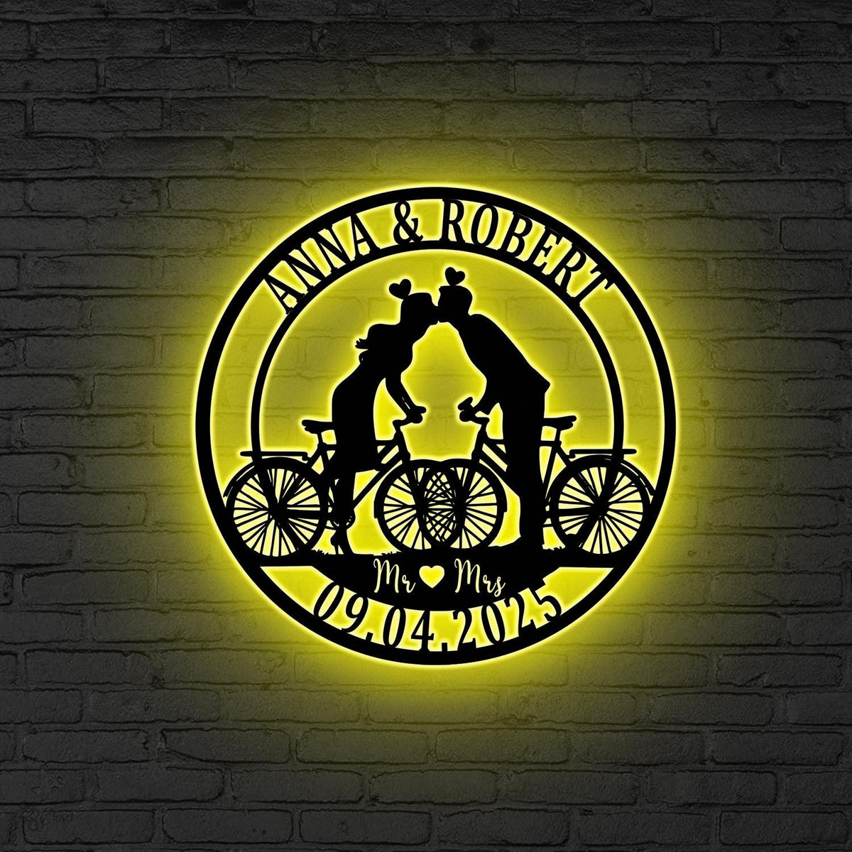 Personalized Couple Cyclists Metal Sign LED Lights, Metal Cyclists Gift, Anniversary Gift, Bicycle Lovers Gift, Wedding Gift, Biker gifts