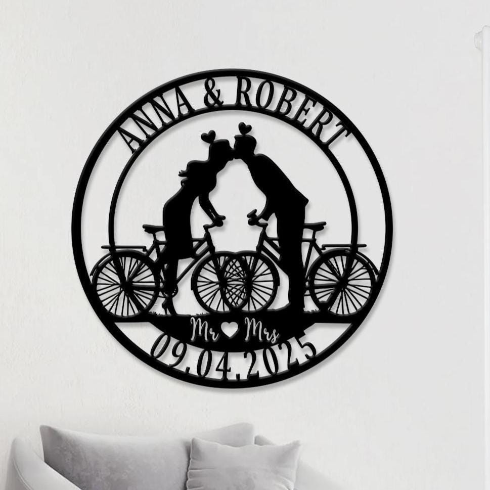 Personalized Couple Cyclists Metal Sign LED Lights, Metal Cyclists Gift, Anniversary Gift, Bicycle Lovers Gift, Wedding Gift, Biker gifts