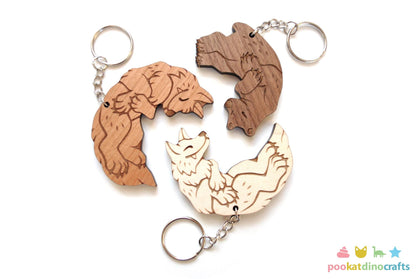 Bear and Wolves Trio Keychains - Interlocking Friendship, Poly Relationship couple keychain set