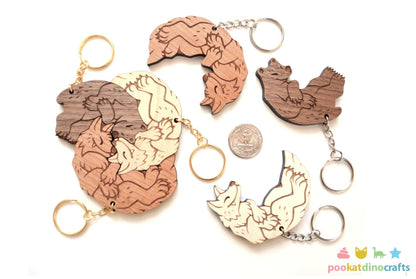 Bear and Wolves Trio Keychains - Interlocking Friendship, Poly Relationship couple keychain set