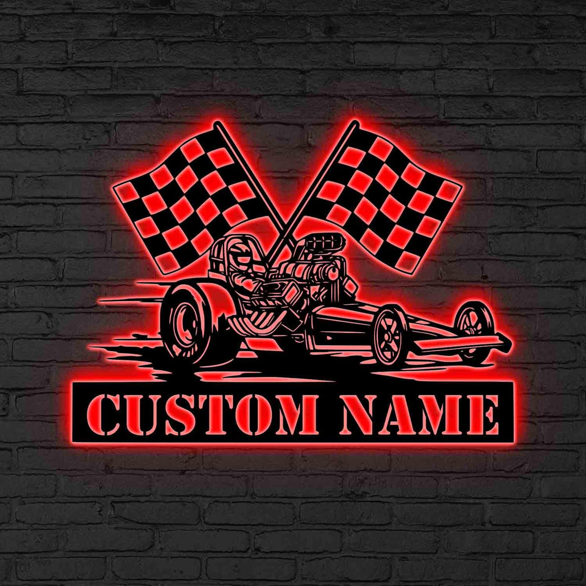 Custom Drag Racing LED Sign, Personalized Race Car Neon Wall, Gift for dad, Dragster Car Custom Name, Sign with Checkered Flag, Dad Gift