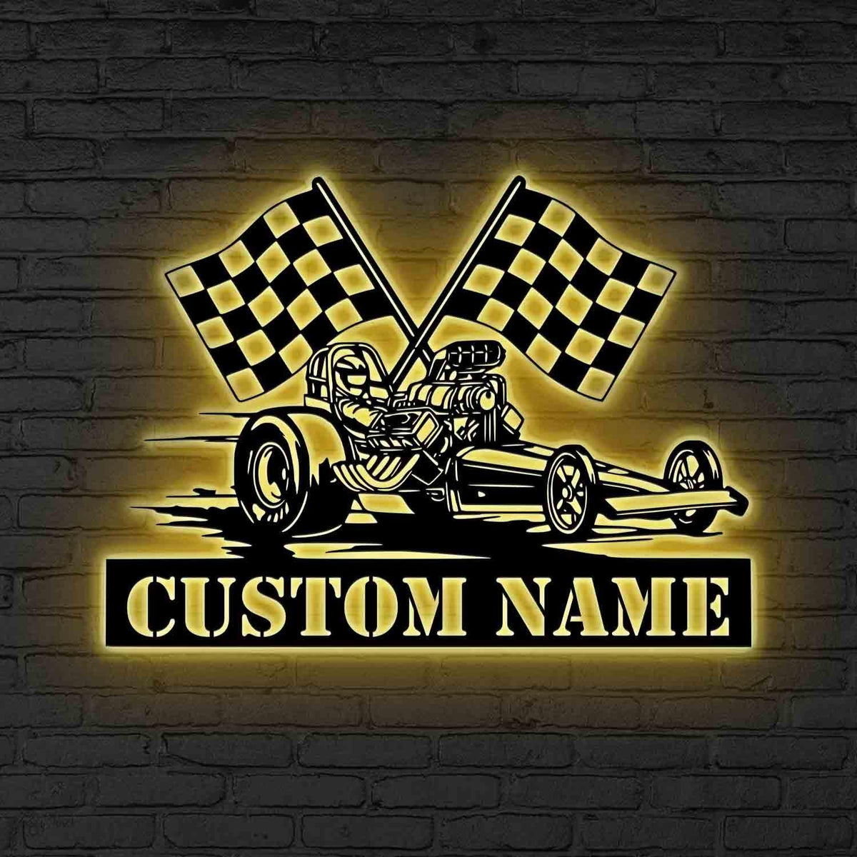 Custom Drag Racing LED Sign, Personalized Race Car Neon Wall, Gift for dad, Dragster Car Custom Name, Sign with Checkered Flag, Dad Gift