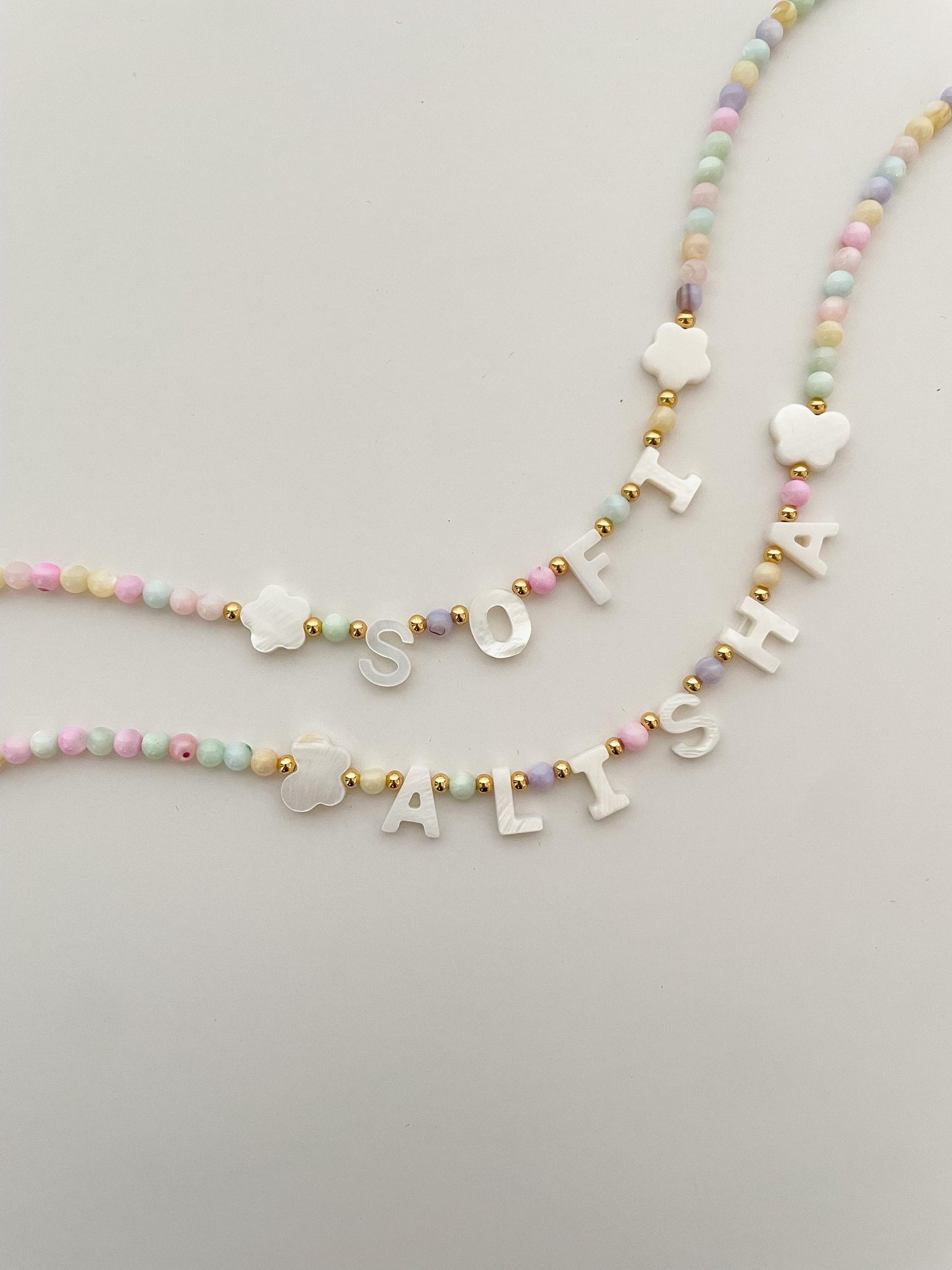 Colorful Custom name necklace, mother of Pearl letter name necklace, kids bright beaded necklace, gift idea for toddlers, kids birthday gift