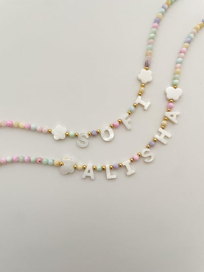 Colorful Custom name necklace, mother of Pearl letter name necklace, kids bright beaded necklace, gift idea for toddlers, kids birthday gift