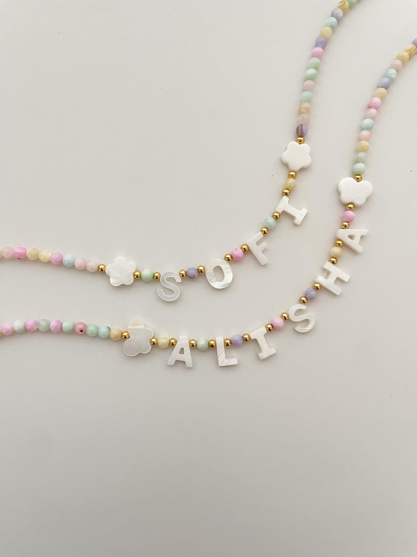 Full of color name necklace, mother of Pearl letter name necklace, kids bright beaded necklace, birthday gift for kids, Christmas gift
