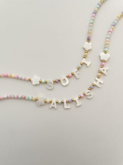 Full of color name necklace, mother of Pearl letter name necklace, kids bright beaded necklace, birthday gift for kids, Christmas gift