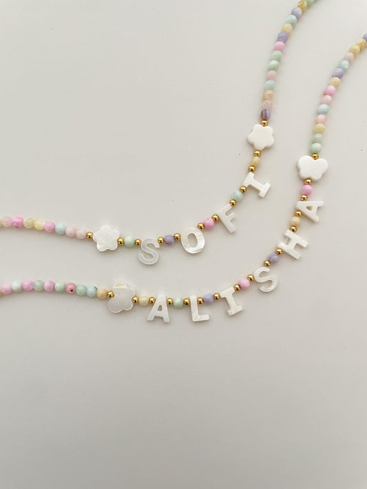 Full of color name necklace, mother of Pearl letter name necklace, kids bright beaded necklace, birthday gift for kids, Christmas gift