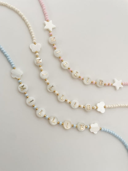 Toddler name necklace, natural pearl beaded necklace, kids bright beaded necklace, gift idea for toddlers, Christmas gift for little girls