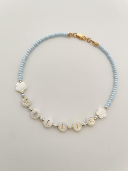 Toddler name necklace, natural pearl beaded necklace, kids bright beaded necklace, gift idea for toddlers, Christmas gift for little girls