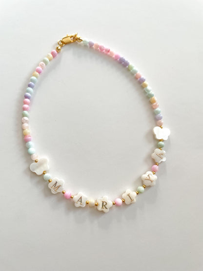 Colorful flower shaped name necklace for kids, mother of Pearl letter name necklace, girls bright beaded necklace, gift idea for toddlers,