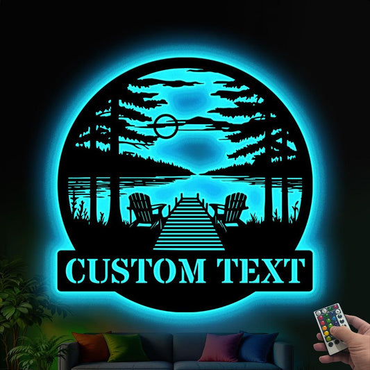 Custom Lake House Metal Wall Art LED Light, Personalized Lake House Name Sign, Home Decor Cabin Decor, Birthday Xmas Gift, Lake House decor