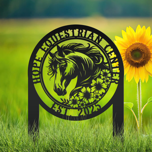 Horse Sign Metal Yard Stake - Garden Metal Art Piece - Farmhouse Entryway Display - Floral Horse Farm Welcome Sign - Personalized Lawn Art