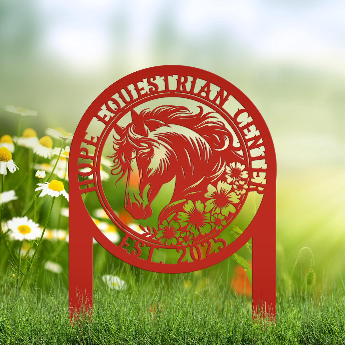 Horse Sign Metal Yard Stake - Garden Metal Art Piece - Farmhouse Entryway Display - Floral Horse Farm Welcome Sign - Personalized Lawn Art