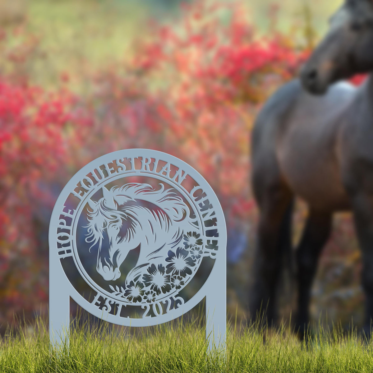 Horse Sign Metal Yard Stake - Garden Metal Art Piece - Farmhouse Entryway Display - Floral Horse Farm Welcome Sign - Personalized Lawn Art