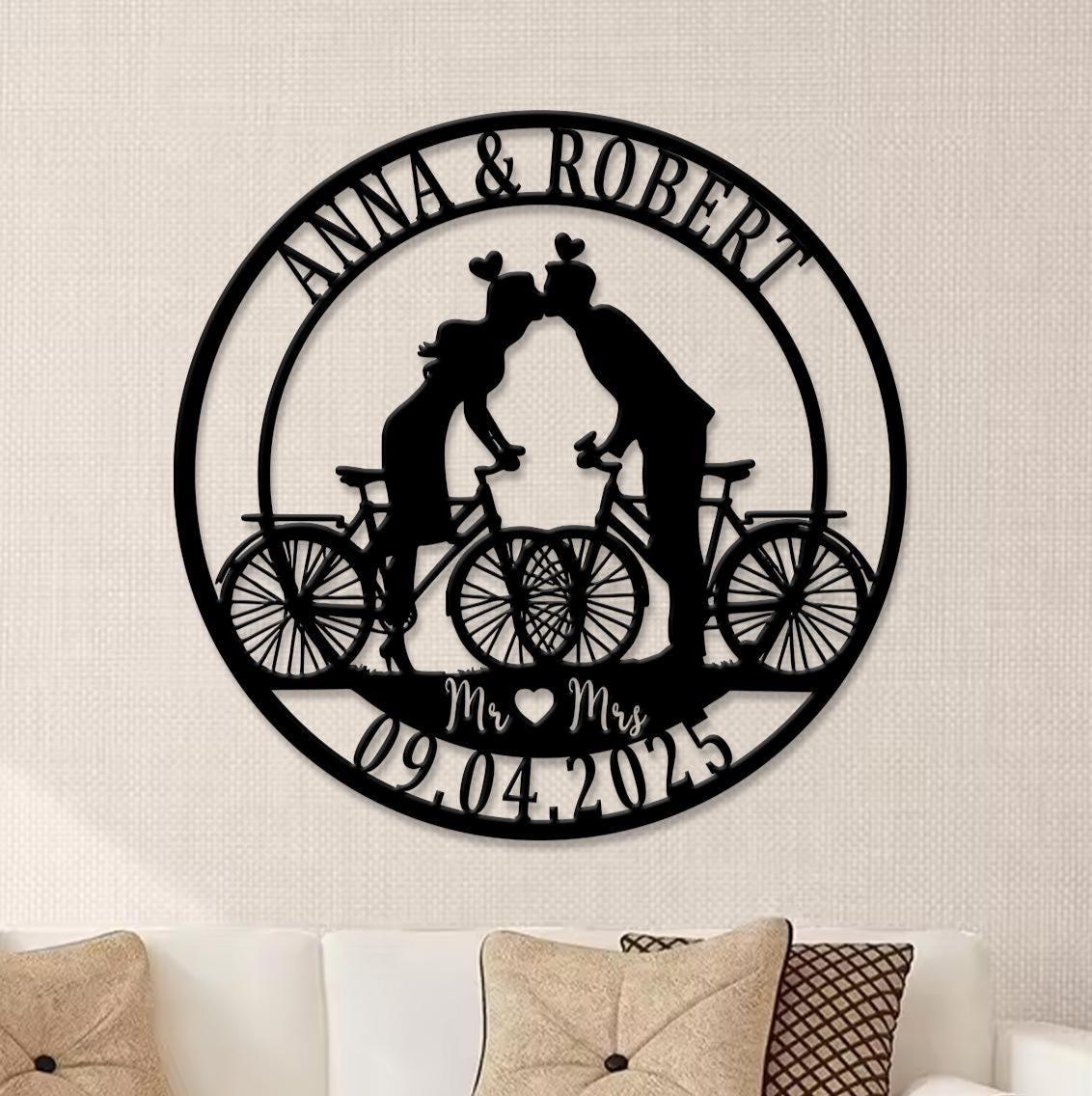 Personalized Couple Cyclists Metal Sign LED Lights, Metal Cyclists Gift, Anniversary Gift, Bicycle Lovers Gift, Wedding Gift, Biker gifts