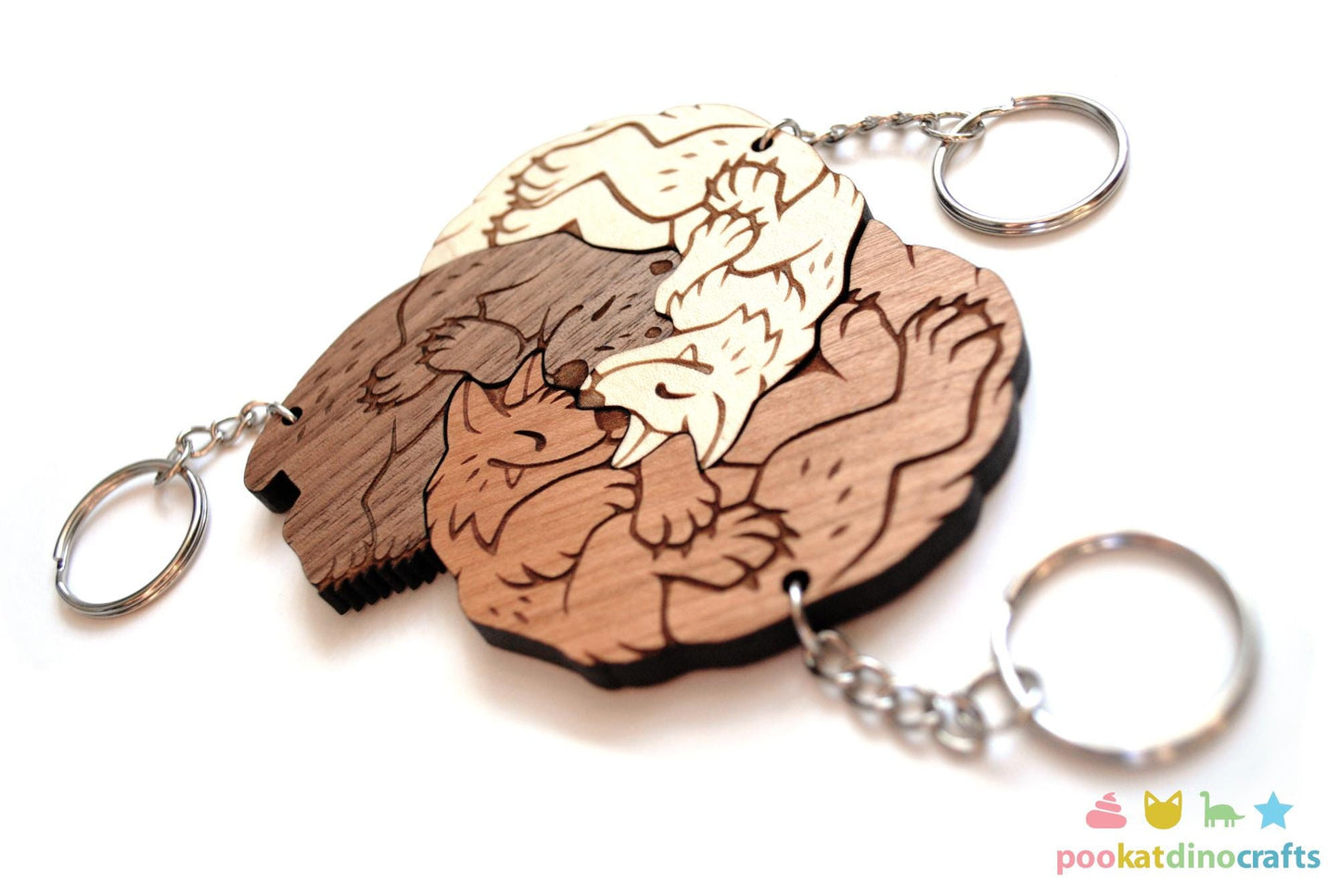 Bear and Wolves Trio Keychains - Interlocking Friendship, Poly Relationship couple keychain set