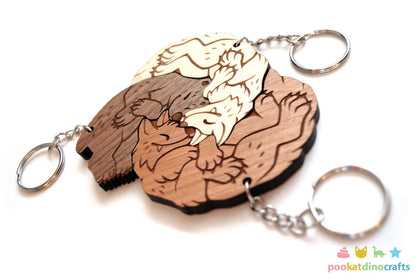 Bear and Wolves Trio Keychains - Interlocking Friendship, Poly Relationship couple keychain set
