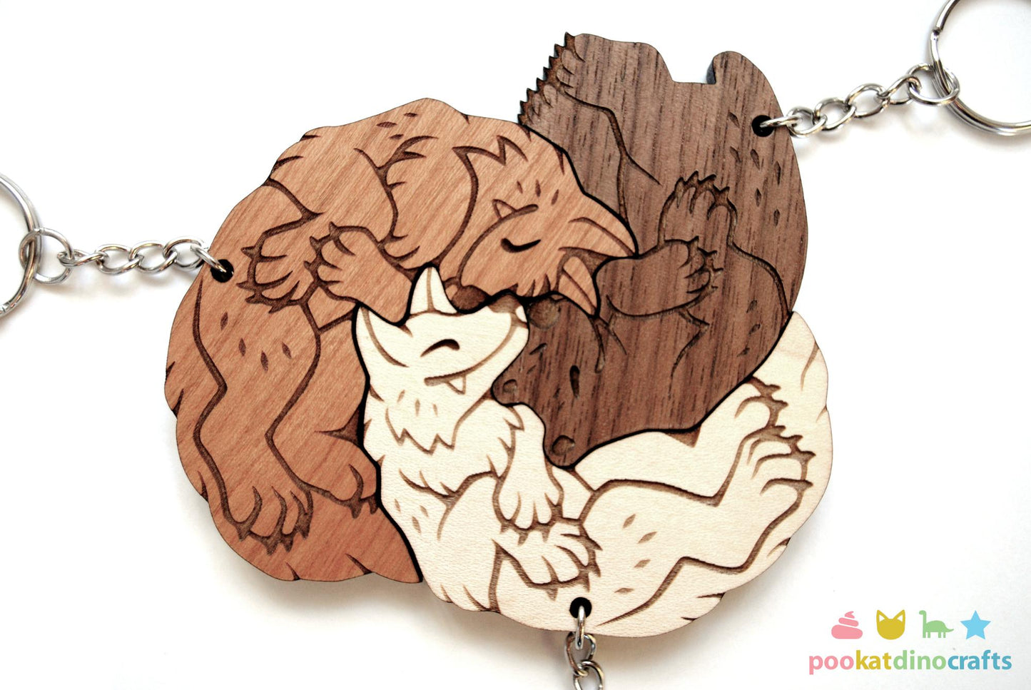 Bear and Wolves Trio Keychains - Interlocking Friendship, Poly Relationship couple keychain set