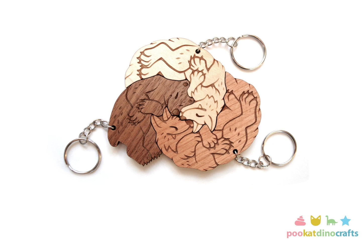 Bear and Wolves Trio Keychains - Interlocking Friendship, Poly Relationship couple keychain set
