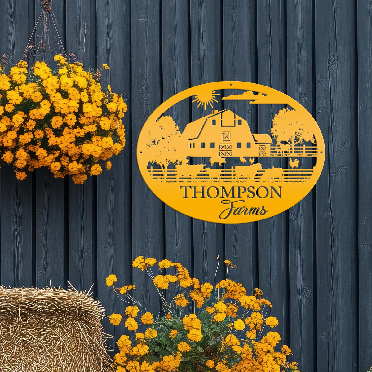 Custom Farm Scene Sign With Cows and Chickens