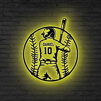 Personalized Baseball Metal Wall Decor LED Lights, Baseball Player Gift Xmas Gift for him Baseball Gift, Kid Room Decor, Baseball Gifts Home