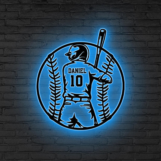 Personalized Baseball Metal Wall Decor LED Lights, Baseball Player Gift Xmas Gift for him Baseball Gift, Kid Room Decor, Baseball Gifts Home